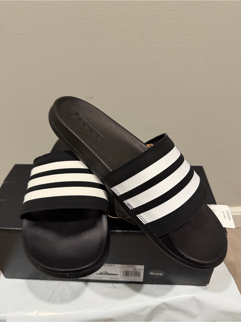 Adidas Unisex Black Slide Sandals with White Stripes size 10